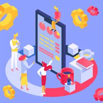 Teamwork isometric merketing strategy, vector illustration.Business people look 스톡 일러스트