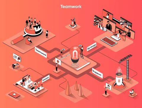 Teamwork isometric web banner. Business meetings and partnership flat isometr Stock Illustration