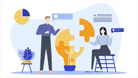 Teamwork with lightbulb puzzle problem solving and creativity concept business Stock Footage 278635632