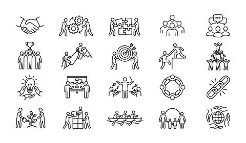 Teamwork line icon set. Business team work communication people support Stock Illustration