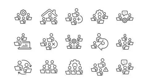 Teamwork line icons. Remote office, Working at home, Online worker. Vector Stock Illustration