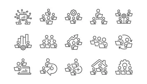 Teamwork line icons. Working at home, Online worker, Remote office. Vector Stock Illustration