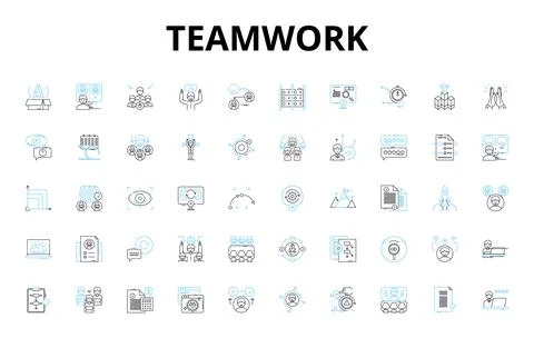 Teamwork linear icons set. Synergy, Collaboration, Unity, Partnership, Harmony 스톡 일러스트