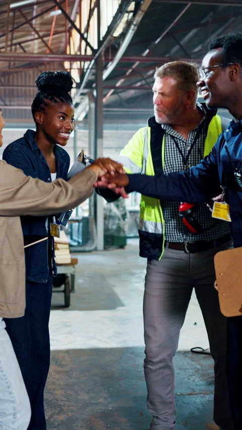 Teamwork, logistics and employees with stack of hands for collaboration in Stock Footage 340396249