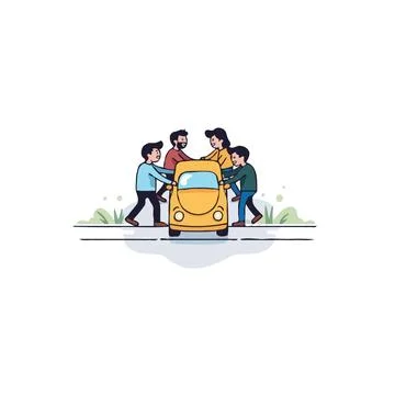 Teamwork makes the dream work: People pushing a yellow car together a colla.. Illustrazione stock