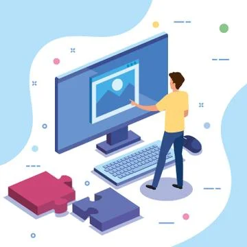 Teamwork man with computer and puzzle pieces 스톡 일러스트