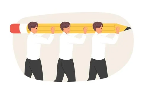 Teamwork of men lifting large pencil together to complete task set by company Illustrazione stock