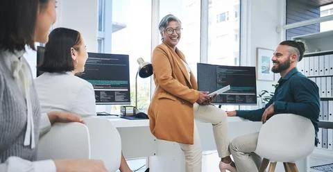 Teamwork, mentor and programmer with business people in office for coding Stock Photos