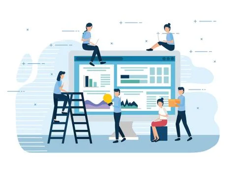 Teamwork mini workers with computer and icons Stock Illustration