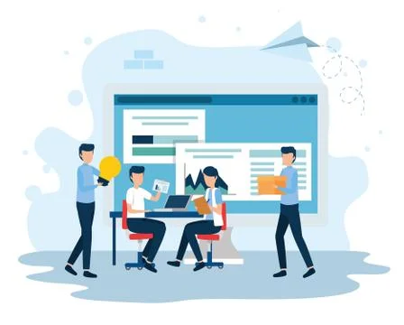 Teamwork mini workers with computer and icons Stock Illustration