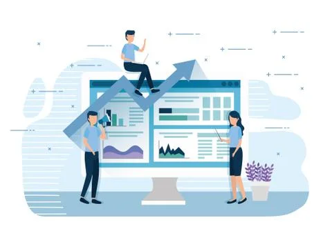 Teamwork mini workers with computer and infographics Stock Illustration