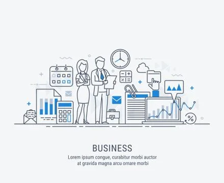 Teamwork. Modern flat thin line design vector illustration business people. Stock Illustration