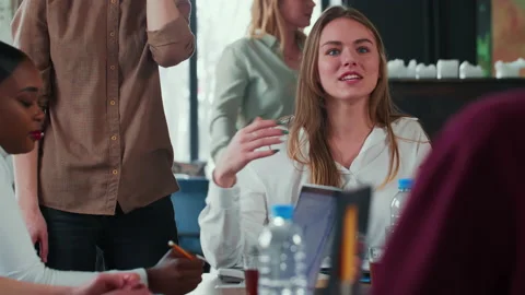 Teamwork at modern office. Beautiful young happy successful blonde boss business Stock Footage 135340280