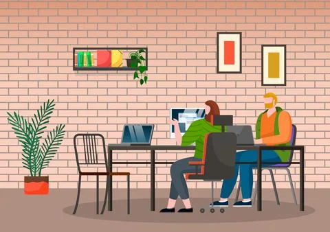 Teamwork, office life, workers man and woman with computer and laptop, coders Stock Illustration