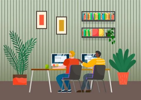 Teamwork, office life, workers men with computers sitting near tables and Illustrazione stock
