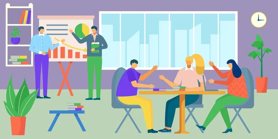 Teamwork office with table, graphcreative business people meeting design vector Stock Illustration