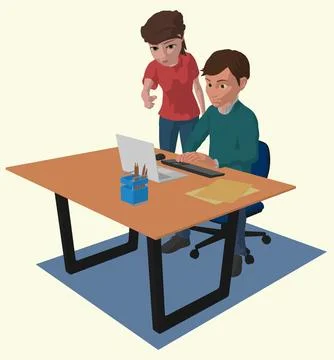 Teamwork office workers laptop on table man and woman cartoon vector illust.. Illustrazione stock