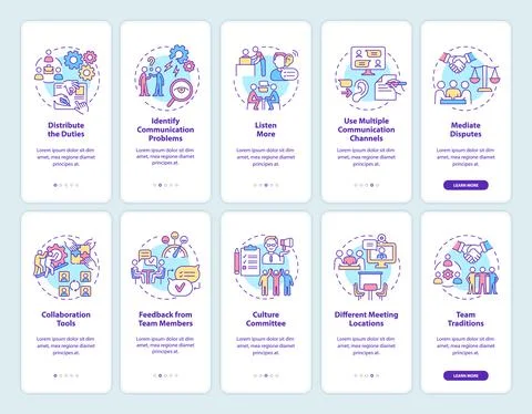 Teamwork onboarding mobile app screen set Stock Illustration