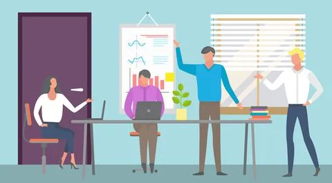 Teamwork or cooperation and business, men and woman sit at a large conference Stock Illustration