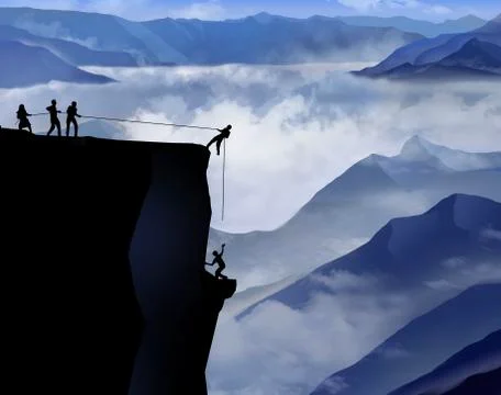 Teamwork to overcome challenges is illustrated here with a view of people mak Illustrazione stock