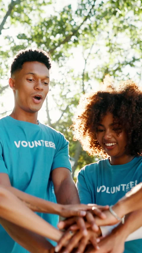 Teamwork, park and hands of volunteer group for charity event, community service Stock Footage 326003669