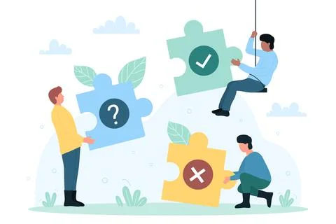 Teamwork, partnership and business solution, tiny people holding pieces of Stockillustratie