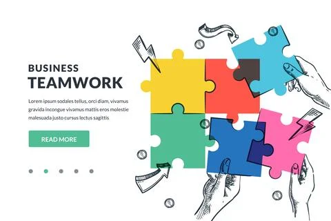 Teamwork, partnership concept. Hands joining connecting colorful pieces of .. Stock Illustration