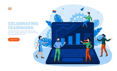 Teamwork of people around computer with graphs, work environment Stock Illustration
