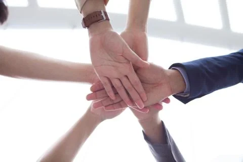 Teamwork people touch hands for unity group to succuss business. Foto stock