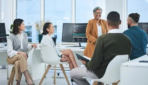 Teamwork, planning and programmer with business people in office for coding Foto stock