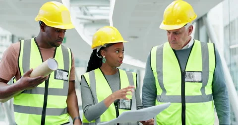 Teamwork, planning engineer and people with blueprint for construction, building Vídeos de archivo 246760534