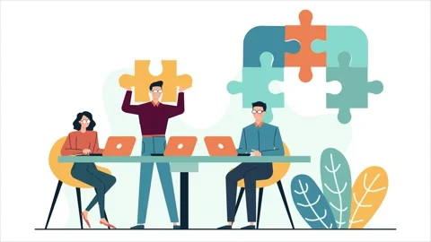 Teamwork problem solving discussion with puzzle illustration business animated Stock Footage 279535731