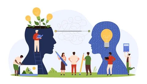 Teamwork process between creative person and AI, digital idea creation by tiny 스톡 일러스트