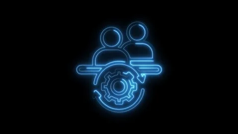 Teamwork process with gear and people figures outlined in blue neon light a.. Stock Footage 312317789