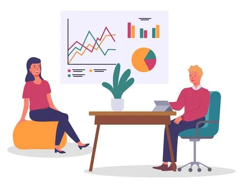 Teamwork process, office workers sitting at armchair and soft chair, working at Stock Illustration
