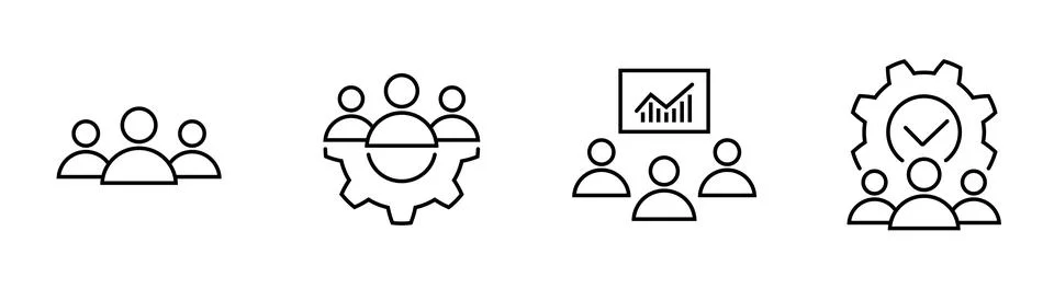 Teamwork process, successful project line icon set Stock Illustration