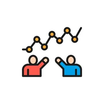 Teamwork progress, people with graph flat color line icon. イラスト素材