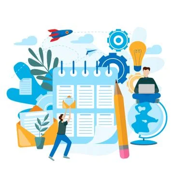 Teamwork project. Tiny people search for new solutions, creative work. Stock Illustration