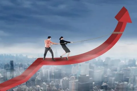 Teamwork pulling arrow upward Stock Photos