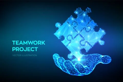 Teamwork. Puzzle elements in hand. Team metaphor. Symbol of teamwork, coopera Stock Illustration