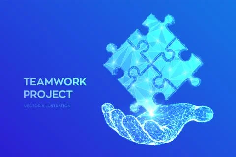 Teamwork. Puzzle elements in hand. Team metaphor. Symbol of teamwork, coopera Stock Illustration