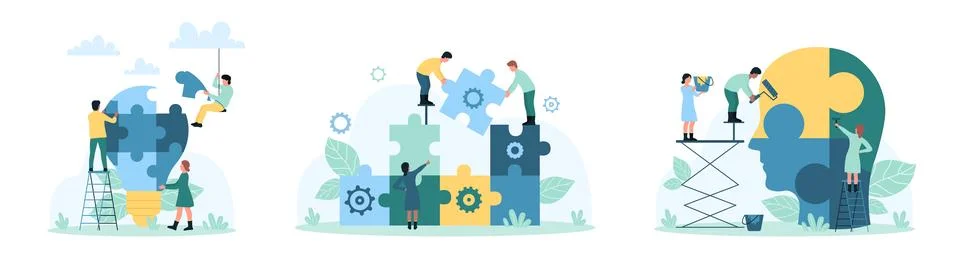 Teamwork with puzzle set, tiny people build partnership, creative thinking and Illustrazione stock