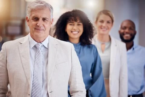 Teamwork, queue and portrait of business people with leadership, partnership and Stock Photos