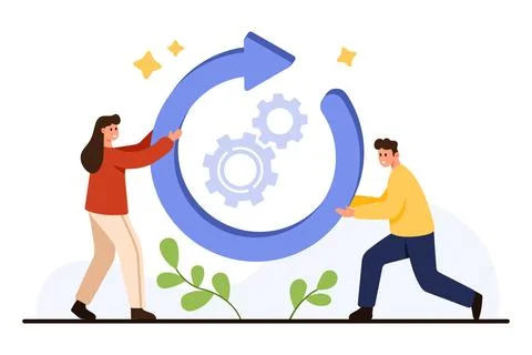 Teamwork Reload Process with Gear Arrow Icon 스톡 일러스트