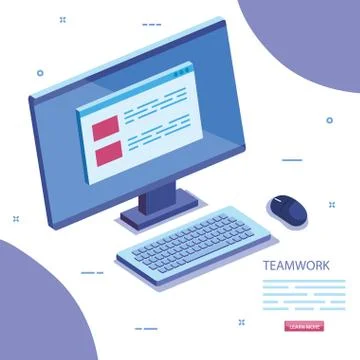 Teamwork scene with computer desk icon Stock Illustration