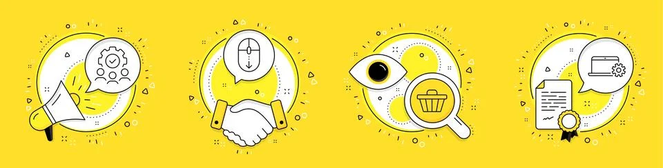 Teamwork, Scroll down and Shop cart icons set. Notebook service sign. Workflow Illustrazione stock