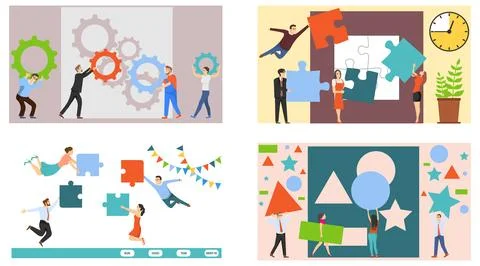 Teamwork, set of horizontal teamwork banners. Vector Stock Illustration
