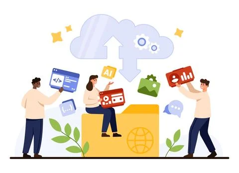 Teamwork Sharing Data to Cloud Storage Stock Illustration