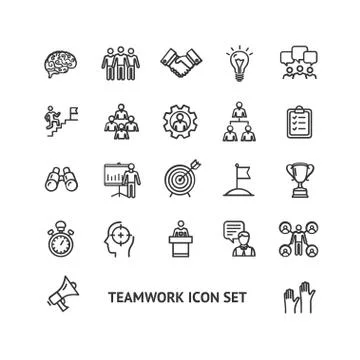 Teamwork Sign Black Thin Line Icon Set. Vector Illustrazione stock
