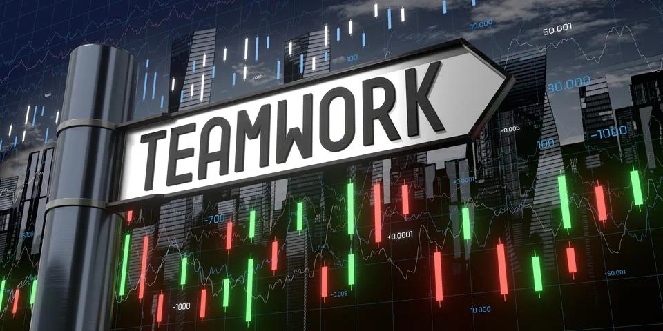 Teamwork - signpost and financial data - 3D illustration Stock Illustration